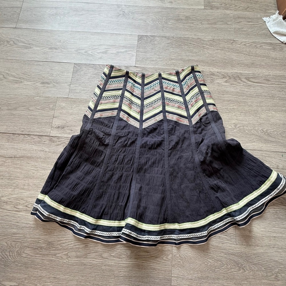 Nanette Lepore Black Embroidered Chevron A-Line Skirt Size 4 Boho Textured Skirt